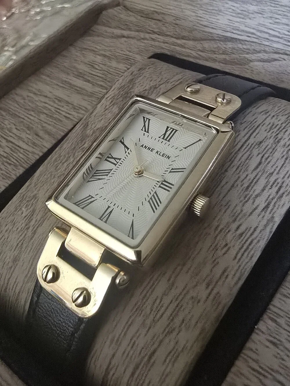 Anne Klein Gold-Tone Rectangle Watch with Black Strap
